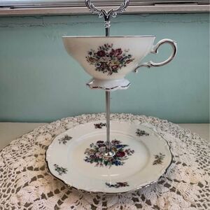 Vintage Crown Bavaria Bouquet Design Two-Tier Teacup Jewelry Tray